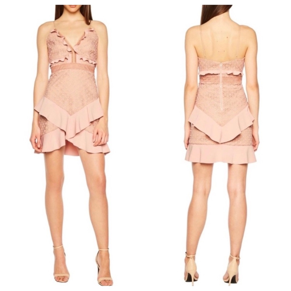 Bardot Mini Dress 8 Pink Floral Lace Tiered Ruffle V-Neck Spaghetti Strap